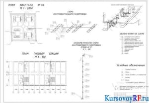 План квартала №12. План типовой секции. Аксонометрическая схема внутридомового газопровода. Схема внутриквартального газопровода. Схема ГРП №1