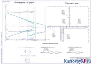 Чертеж пьезометрического графика, монтажной схемы и схемы подключения насосов