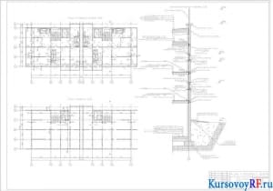План типового этажа 1:100, план подвала 1:100, конструктивный разрез 1:20