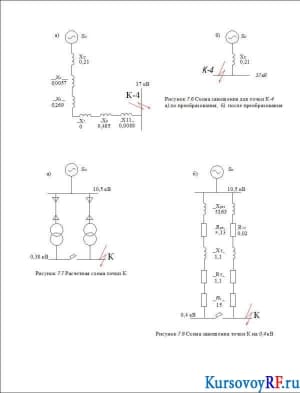 Схема замещения для точки К-4, Расчетная схема точки К, Схема замещения точки К на 0,4 кВ