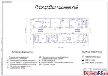 Чертёж планировки участков в ремонтной мастерской (формат А1)