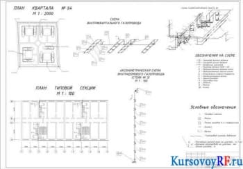 План квартала №12. План типовой секции. Аксонометрическая схема внутридомового газопровода. Схема внутриквартального газопровода. Схема ГРП №1