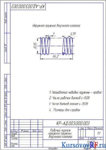 Чертеж рабочий наружной пружины впускного клапана (формат А4)