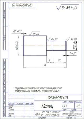 Чертёж детали палец (формат А4)